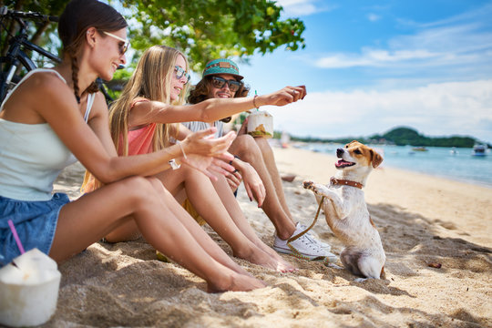 Three Russian Tourists Playing With Pet Dog On Beach At Koh Samui Thailand