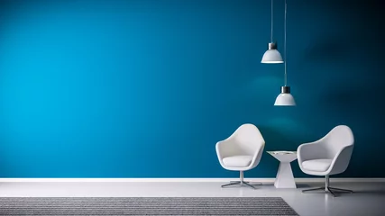 Tapeten 3D Rendering von Sessel und Stuehlen aus Leder in Raum oder Wohnzimmer vor blauer Wand und Platz für Textfreiraum in modernen und minimalistischen Interieur © Bildwerk