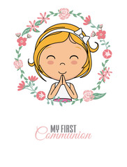 First communion card. Praying girl inside a flower frame