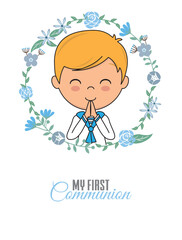 First communion card. Praying boy inside a flower frame