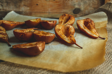 pear baked on butter with cinnamon and sugar