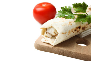 Doner kebab, shawarma in pita and tomato with parsley