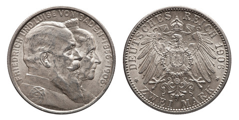 German Empire Baden 2 Mark silver coin Friedrich and Luise vintage 1906