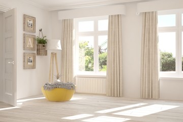 Idea of white stylish minimalist room with armchair and summer landscape in window. Scandinavian interior design. 3D illustration