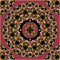 Square composition with golden scrolls and ruby gems