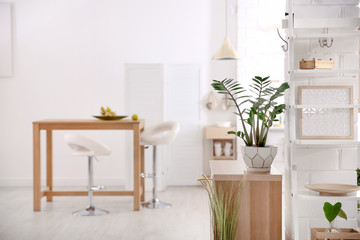 Modern eco style kitchen interior with wooden crates, houseplant and table
