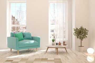 White cozy minimalist room with armchair. Scandinavian interior design. 3D illustration