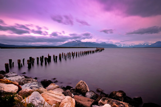 Pier ruins at sunset, Puerto Natales, Patagonia, Ultima Esperanza Province, Chile