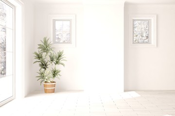 White minimalist empty room. Scandinavian interior design. 3D illustration