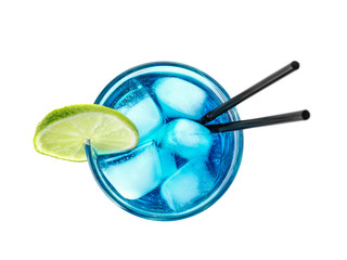 Glass of tasty refreshing cocktail on white background, top view