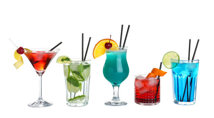 Tasty fresh alcoholic cocktails on white background