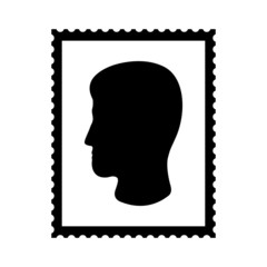 Postal stamp icon with man's head. Portait postal stamp with perforation holes. Vector Illustration