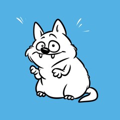 Funny white cat blue background cartoon illustration 