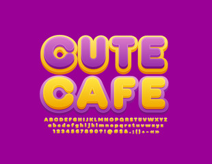 Vector colorful Sign Cute Cafe. Bright Violet and Yellow Font. Stylish Alphabet Letters, Numbers and Symbols.
