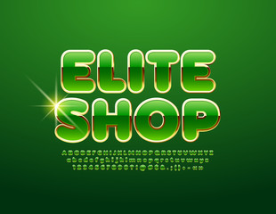 Vector Golden and Green emblem Elite Shop. Shiny Alphabet set. Luxury style Font 