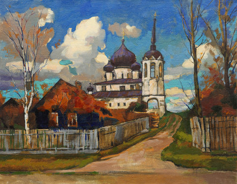 Summer landscape with village and ruined Church
