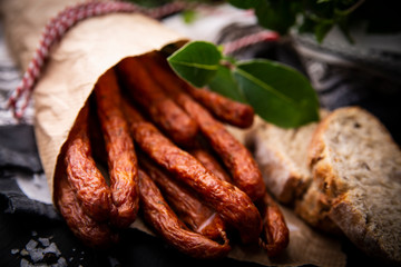 Dry sausage. Smoked sausages. Country sausage, homemade sausage.
