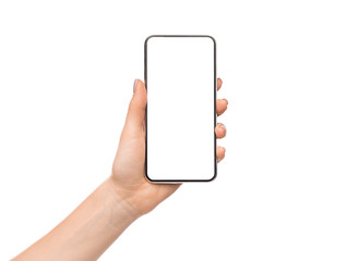 Womale hand holding smartphone with blank screen
