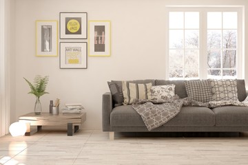 White stylish minimalist room with sofa and winter landscape in window. Scandinavian interior design. 3D illustration