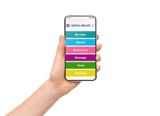 Woman holding smartphone with digital wallet application