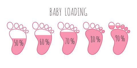 Baby loading concept with various percents full pink footsteps vector illustration set.