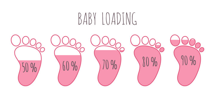Baby loading concept with various percents full pink footsteps vector illustration set.