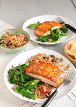 Seared Salmon Fillets with Orzo Pilaf and Garlic Broccolini
