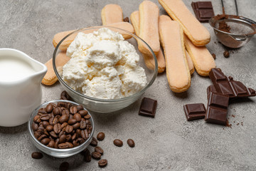 Ingredients for cooking tiramisu - Savoiardi biscuit cookies, mascarpone, cream, sugar, cocoa, coffee and egg