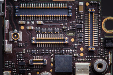 Mobile phone chip connectors, background, close up.