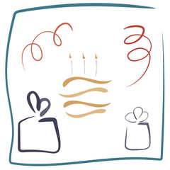 Obraz premium Greeting card Happy birthday. Unusual design. Cake, gifts.