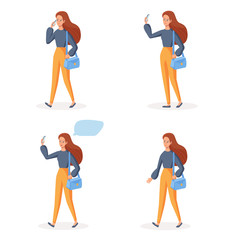 Walking Girl using mobile phone in different poses. Social communication concept SET. Smiling cartoon character vector illustration