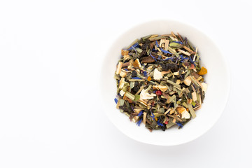 Herbal tea on a white background. Top view.