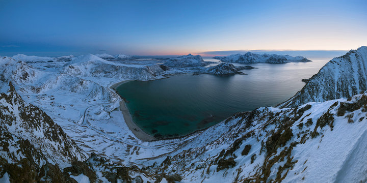 Winter landscape of coast at dusk