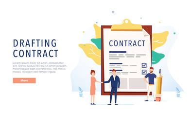 Drafting the contract. People draw up a document. Web page design template. Flat vector illustration. Business document