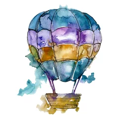 Fotobehang Aquarel luchtballonnen Hete luchtballon achtergrond vlieg luchtvervoer. Aquarel achtergrond instellen. Geïsoleerde ballonnen illustratie element.