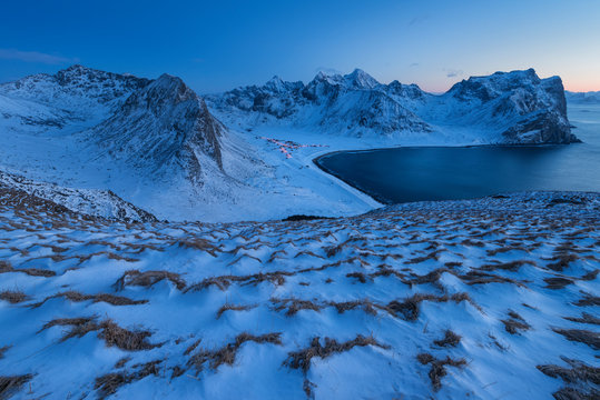Bunes beach in winter at dusk, Vestvagoya, Lofoten Islands, Norway
