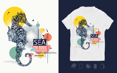Sea horse, zine culture style. Print for t-shirts and another, trendy apparel design. Symbol of freedom, adventure. Sea travel slogan © intueri