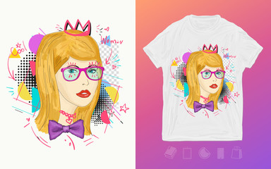Cool girl portrait. Zine culture style. Print for t-shirts and another, trendy apparel design