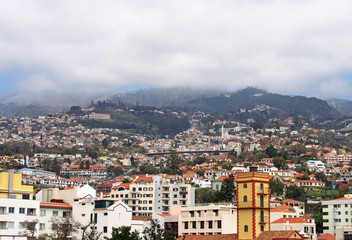 a panoramic cityscape view of funchal showing buildings of the town center and houses running up the mountains to trees and sky