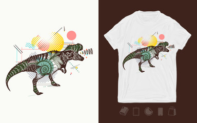 T-Rex dinosaur monster. Tyrannosaur double exposure. Symbol of education and science. Zine culture, print for t-shirts and another, trendy apparel design
