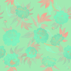 Fototapeta na wymiar Seamless pattern - peonies with leaves in white and blue colors. Trendy floral print for postcards, covers, wallpapers, posters or fabric.