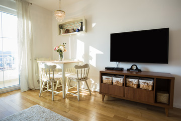 Nicely decorated living ( lunch ) room. Dining table and some chairs.