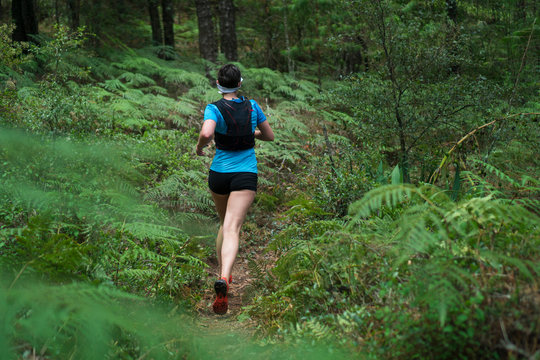 Woman trail running through forest, Rancho Santa Elena, Hidalgo, Mexico