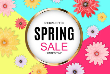 Spring Sale Cute Background with Colorful Flower Elements. Vector Illustration