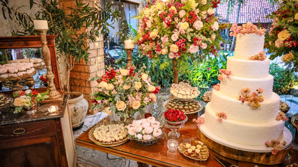 Beautiful wedding cake at wedding reception