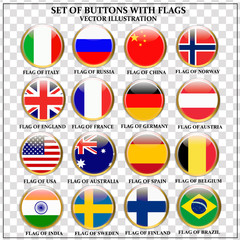 Obraz premium Bright set of banners with flags. Colorful illustration with flags of the world for web design. Vector illustration with transparent background.