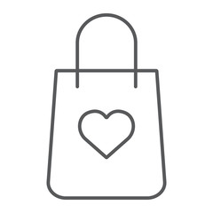Shopping bag with heart thin line icon, package and gift, gift bag sign, vector graphics, a linear pattern on a white background.