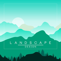 Beautiful peaceful mountains and hills landscape in day time, nature background in green colors for banner, flyer, poster and cover, vector ilustration