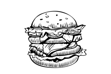 Burger vector logo design template. Fast food or restaurant icon. Hand drawn illustration of hamburger burger sandwich sketch style.