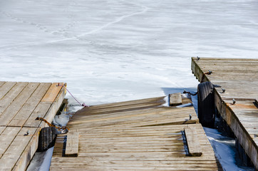 Closeup of boat docks frozen in winter ice